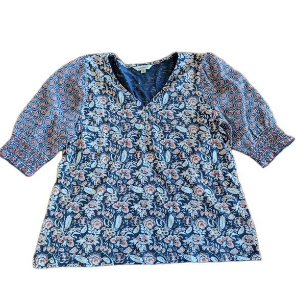 Lucky Brand Three Quarter Sleeves V-neck Floral Print Blue Woman's Size Medium - Picture 1 of 16